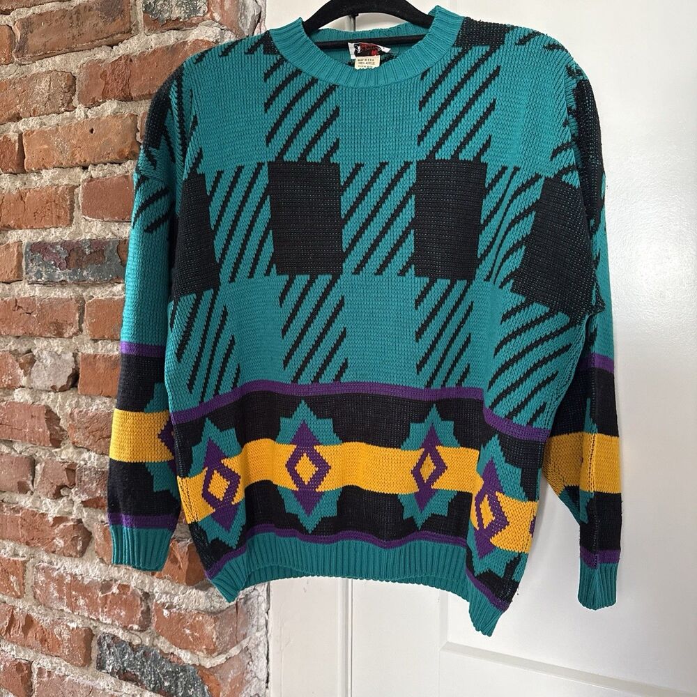 Bright Lights VTG 90s Oversized Women’s L Sweater Teal Purple Yellow Acrylic
